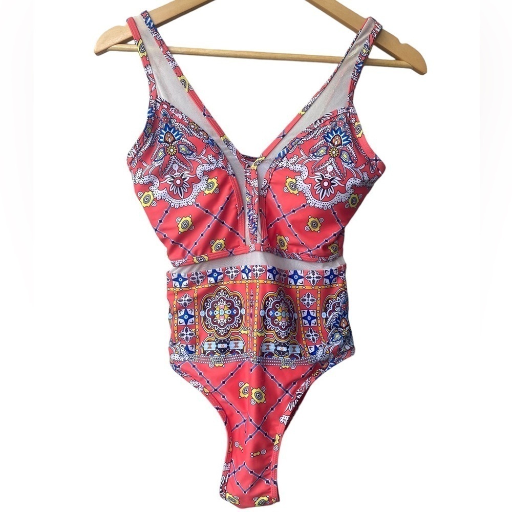 Shein One Piece Boho  Deep V Swimsuit Size S NWOT Padded Bikini Cut‎ Sheer Mesh